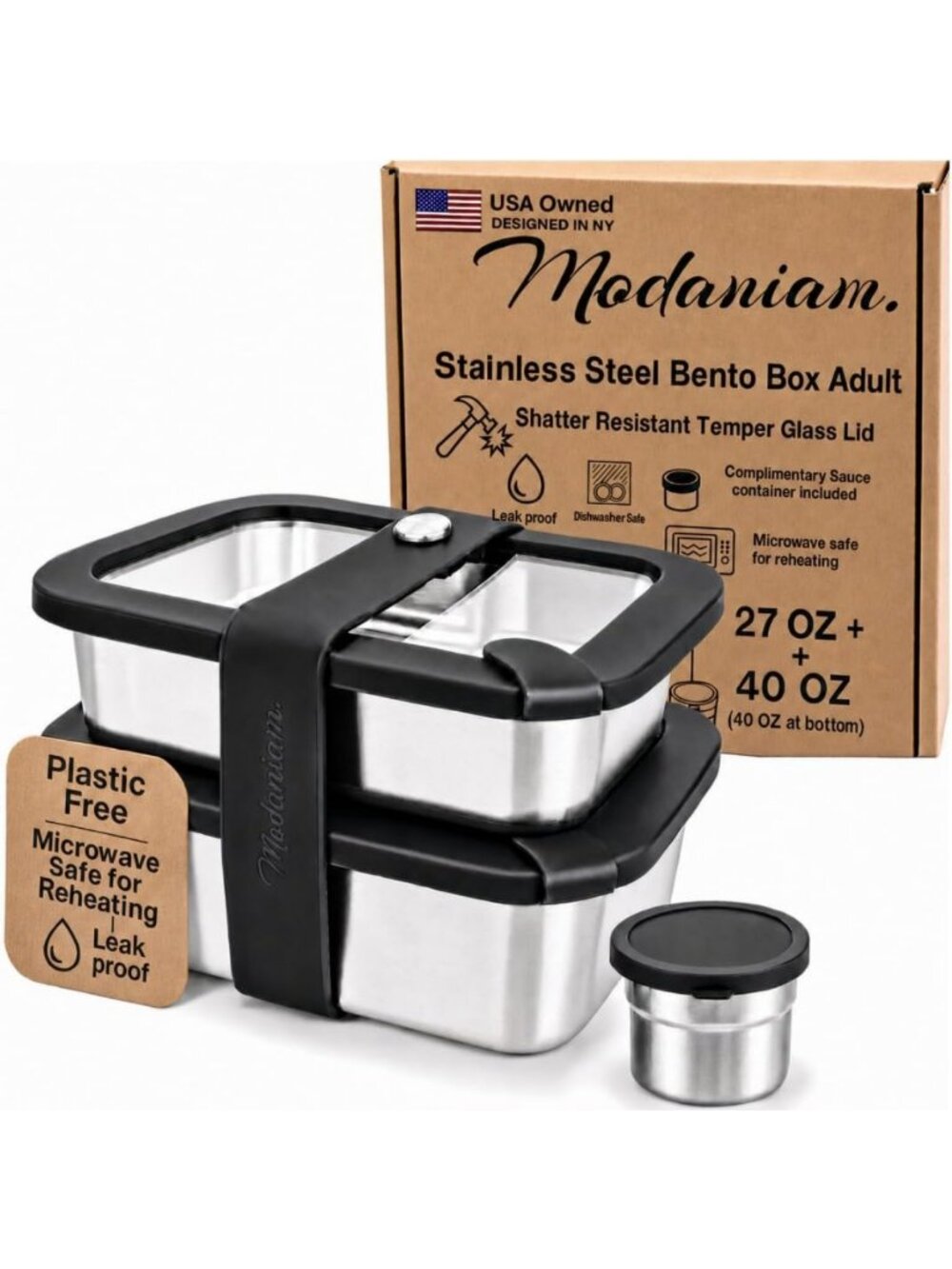 Stainless Steel Bento Box Set - 40oz & 27oz Lunch Containers with Glass Lids